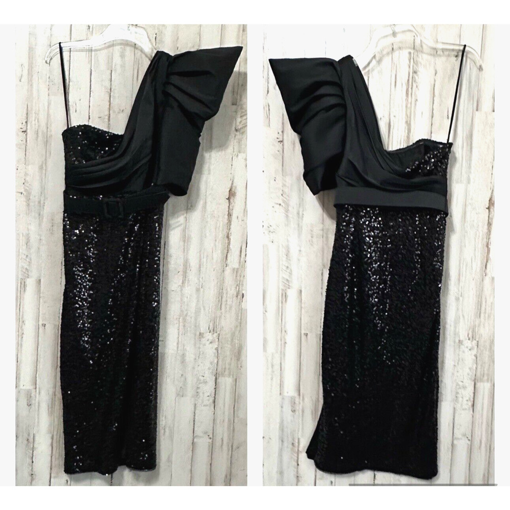 Badgley Mischka Dress 4 Modele One Shoulder Black Sequins Belt Party NEW $550